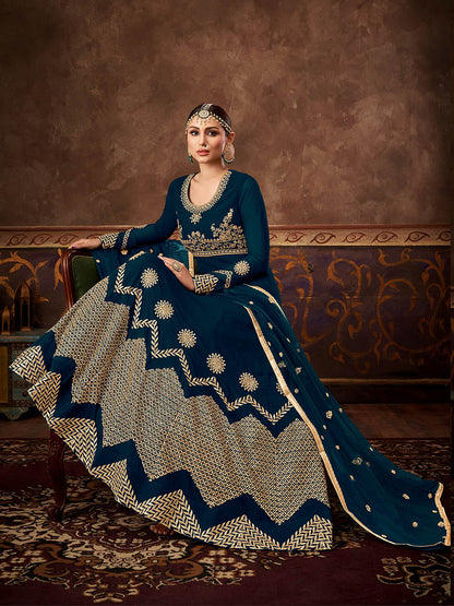 Myra Rama Green Real Georgette Embroidered Anarkali Suit