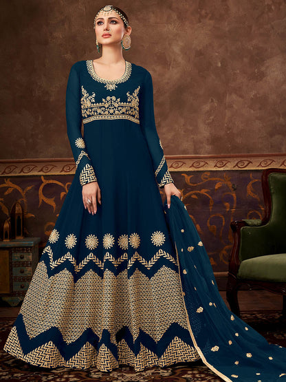 Myra Rama Green Real Georgette Embroidered Anarkali Suit