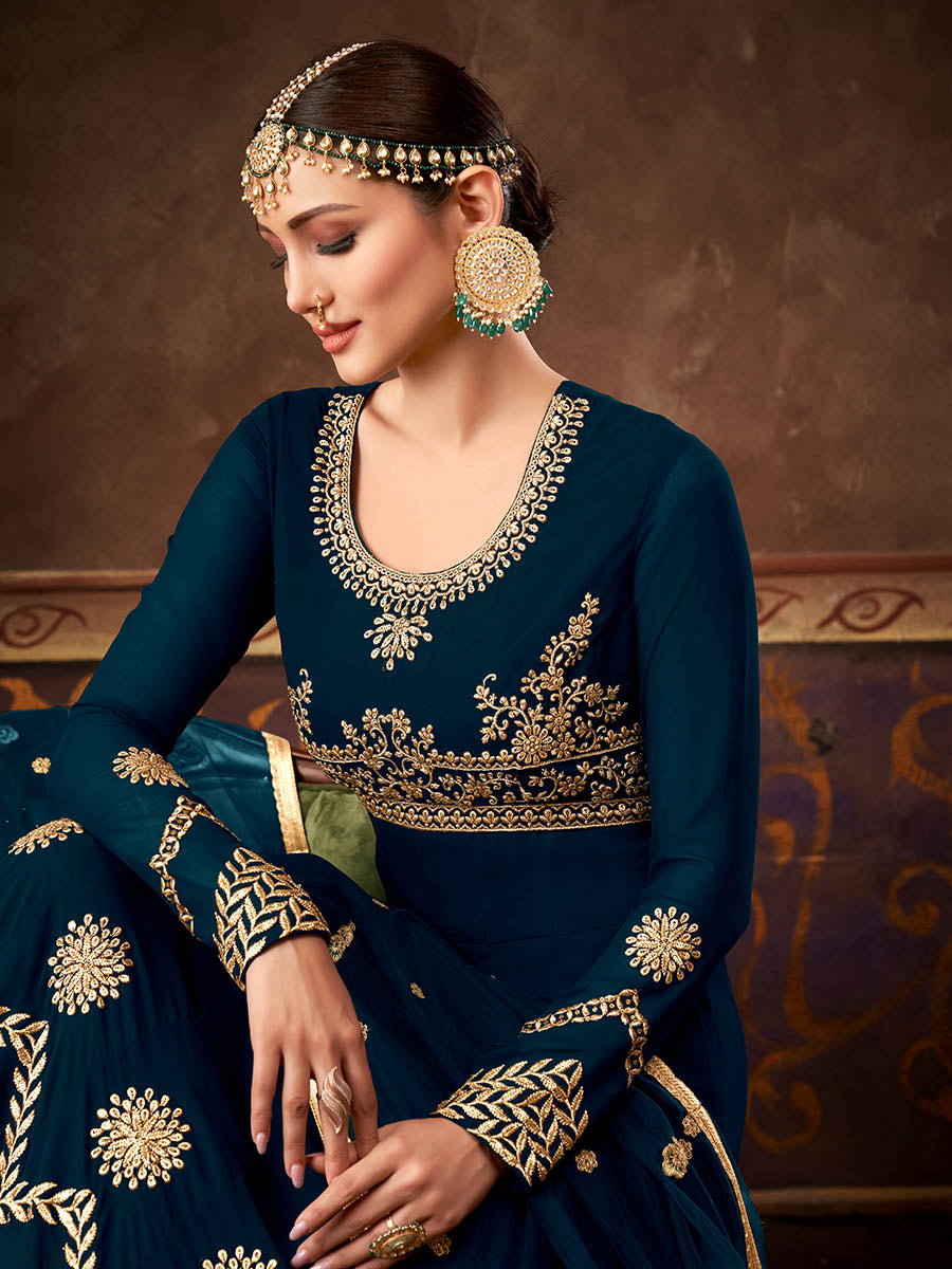 Myra Rama Green Real Georgette Embroidered Anarkali Suit
