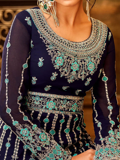 Myra Navy Blue and Sea Blue Pure Georgette Embroidered Party Wear Suit