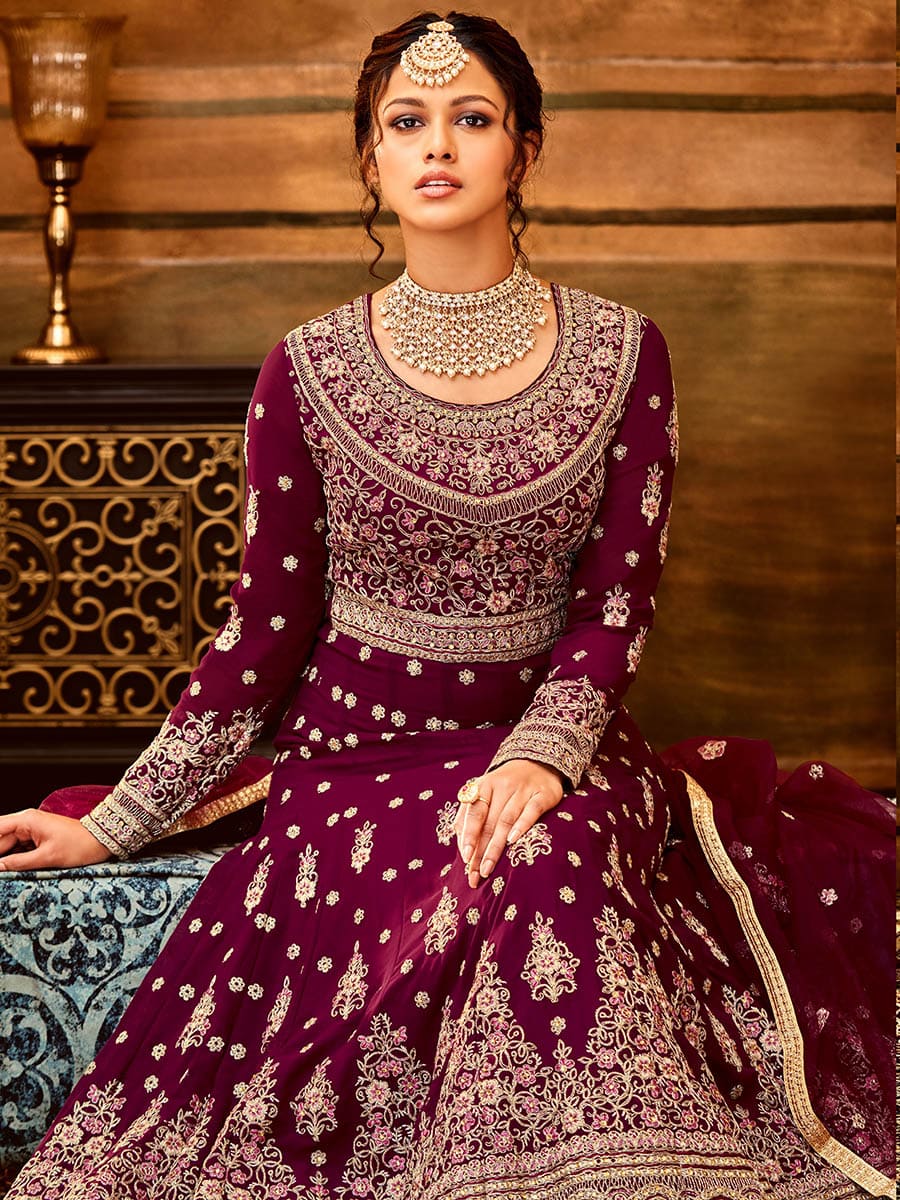 Myra Maroon Pure Georgette Embroidered Party Wear Suit