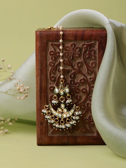 Ruby Raang Gold Polished Gold Kundan Maang Tikka