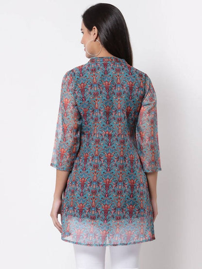 Myshka Women's Beautiful Organza Printed 3/4 Sleeve Round Neck Casual Multicolor Tunic