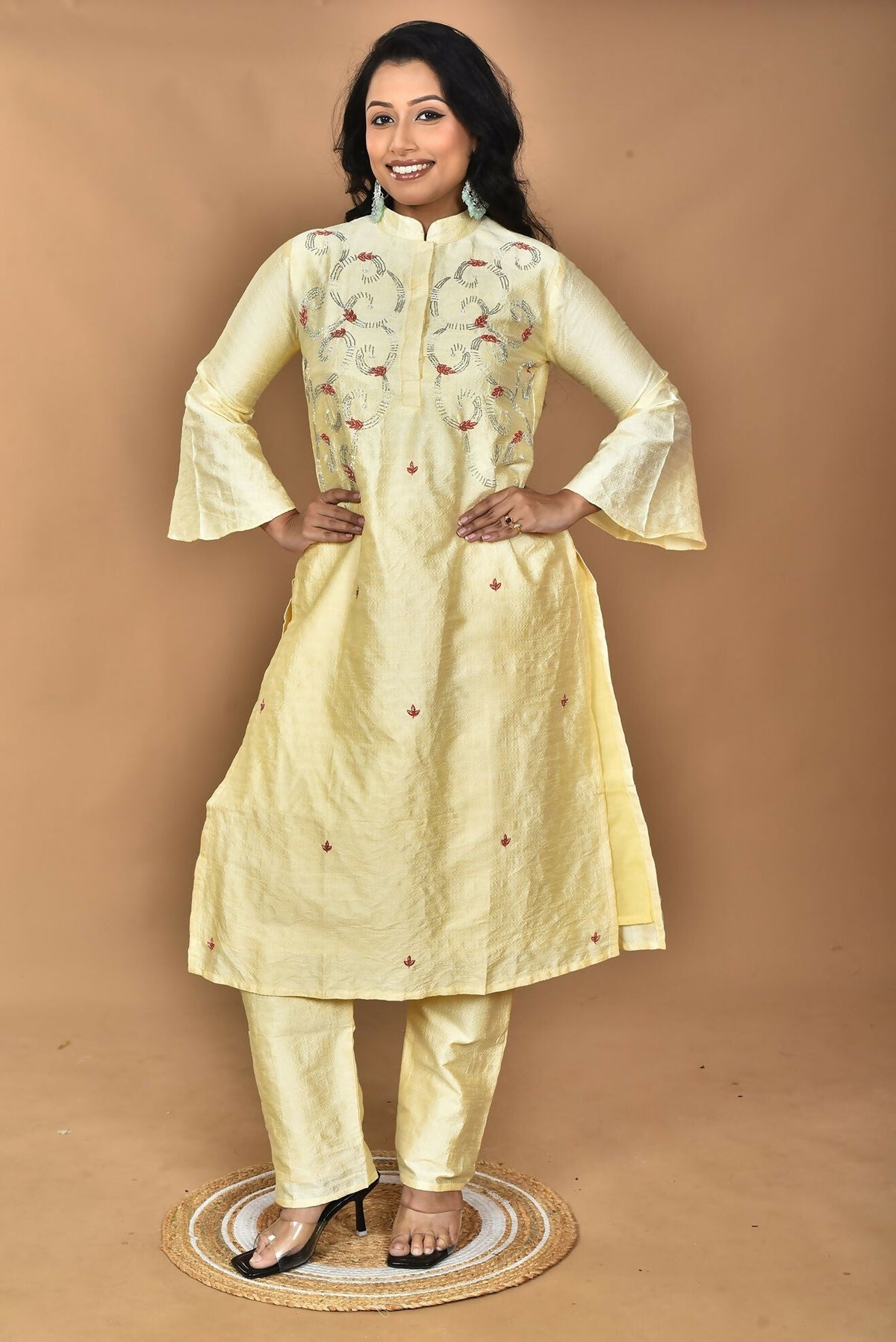 Morchari Women And Hand Embroidery Co-Ord Set-Lemon- Yellow