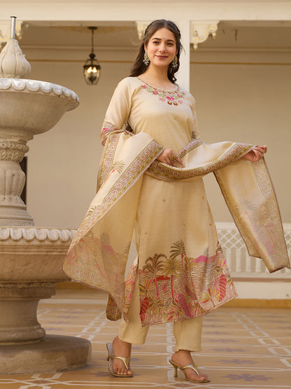 The52 Viscose Assam Silk Fabric Straight Kurta, Pant and Dupatta Set