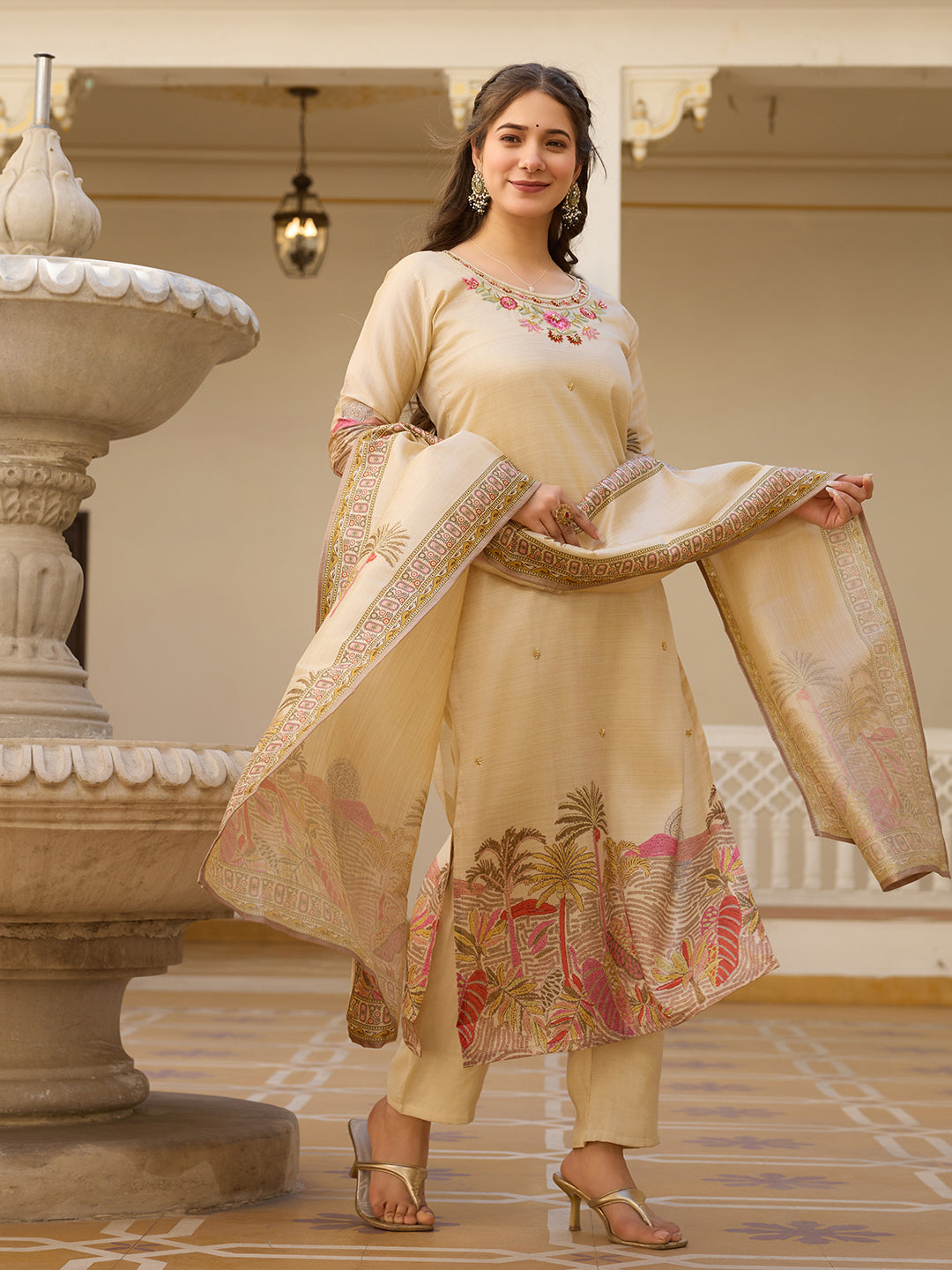 The52 Viscose Assam Silk Fabric Straight Kurta, Pant and Dupatta Set