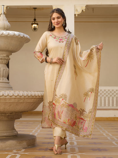 The52 Viscose Assam Silk Fabric Straight Kurta, Pant and Dupatta Set
