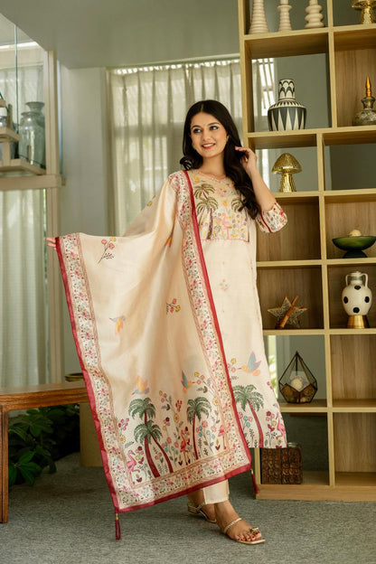 The52 Women's Beautiful Viscose Assam Silk Embroidered Straight Kurta with Pant And Dupatta Set