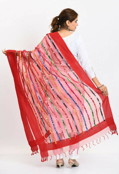 Mominos Fashion Moeza Women's Orgenza Multi Thread Mirror Work Red Dupatta