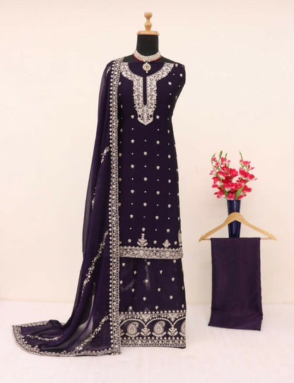 Vastranavya Glamorous Purple Chinon Palazzo Suit With Intricate Sequins Embroidery Work with Dupatta