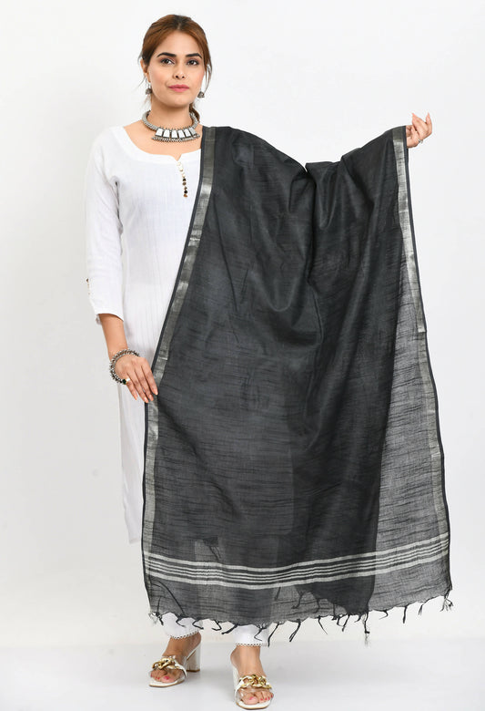 Mominos Fashion Moeza Women's Linen Cotton Silver Border Black Dupatta