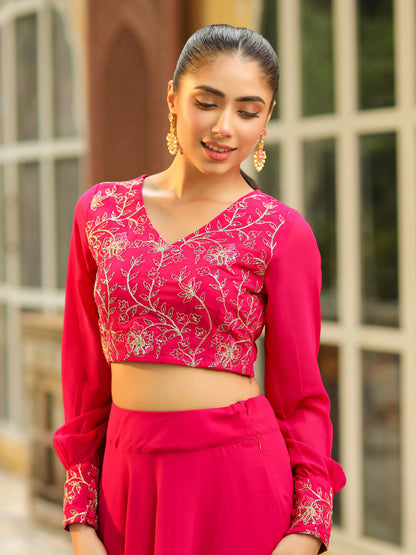Janasya Pink Georgette Embroidered Top & Skirt