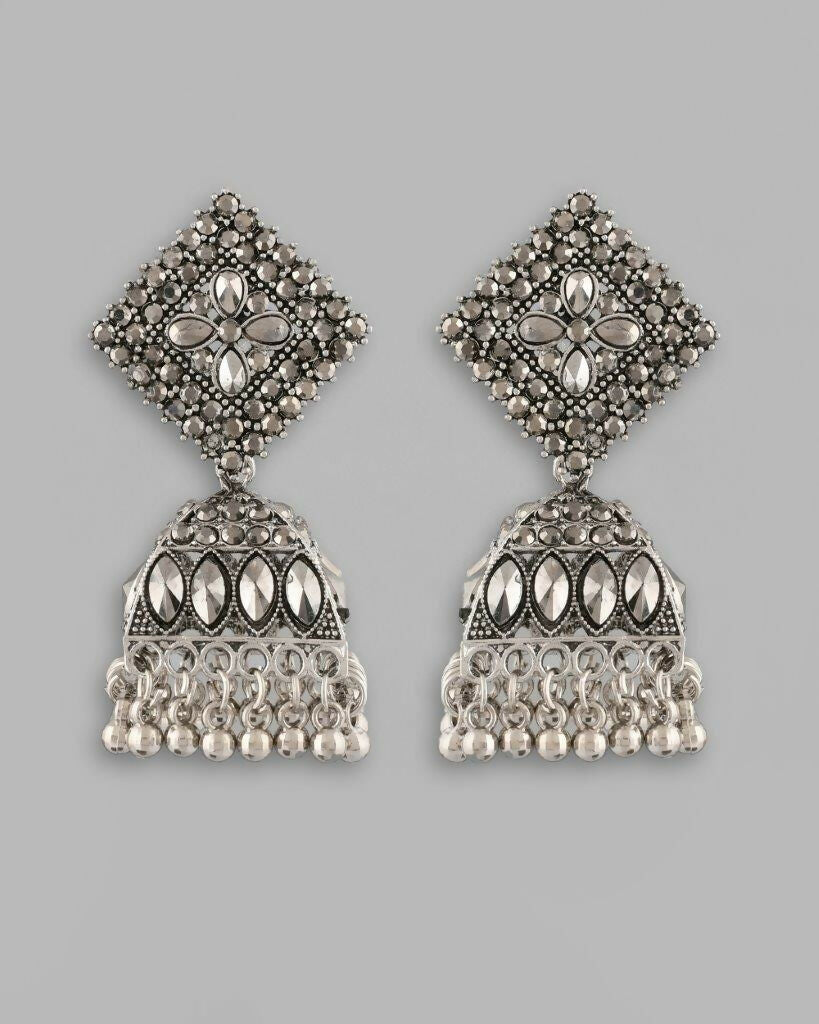 VOJ Black-Toned AD Studded Dome Shaped Jhumkas Earrings