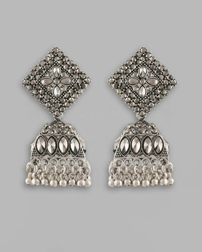 VOJ Black-Toned AD Studded Dome Shaped Jhumkas Earrings