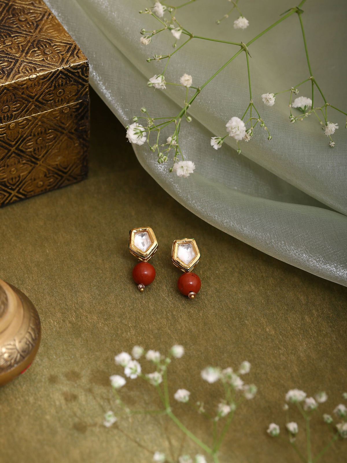 Ruby Raang Red Jasper Kundan Earrings
