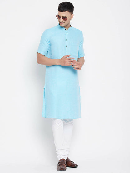 Even Apparels Blue Color Pure Cotton Men's H/S Kurta With Band Collar