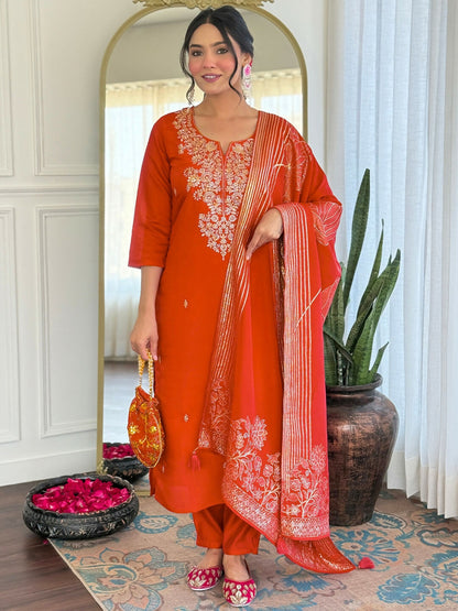 The52 Rust Women's Gorgeous Roman Silk Fabric Straight Kurta, Pant and Dupatta Set
