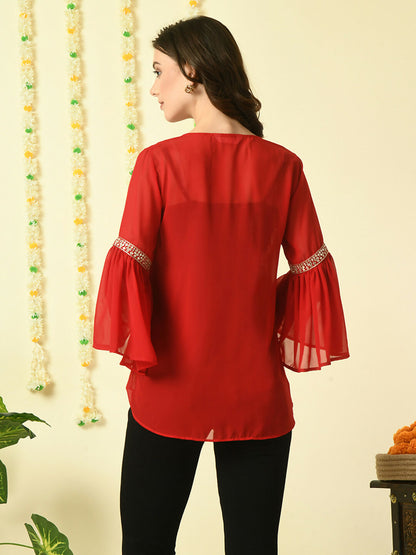 Myshka Women's Red Embroidered Party Fusion Top