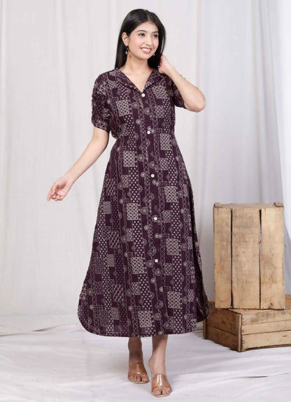 Miravan Women's Wine Mandarin Neck Floral Printed A-Line Party wear Maxi Dress