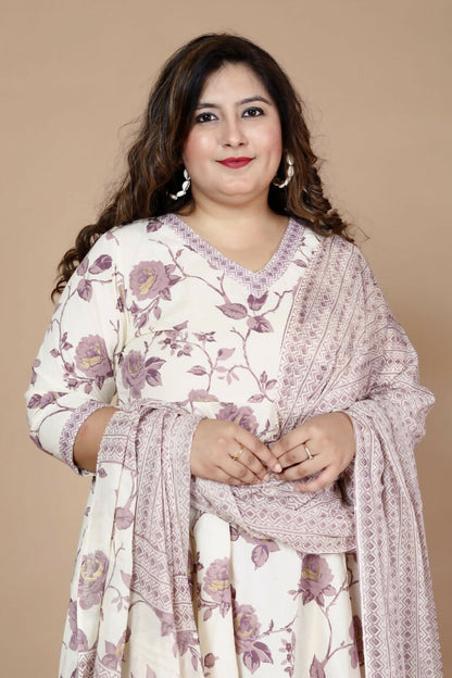 Miravan Women's Plus Size Pink Floral Print Anarkali Kurta With Palazzo & Dupatta Set