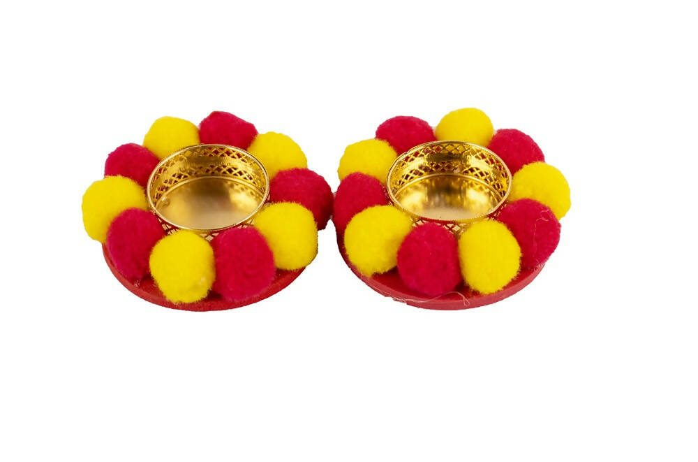 Kundan HandiKrafts Designer Floating Multi Coloured Pom Pom Candle Holders
