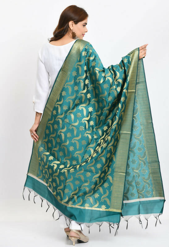 Mominos Fashion Moeza Women's Banarsi Silk Floral Woven Design Rama Green Dupatta