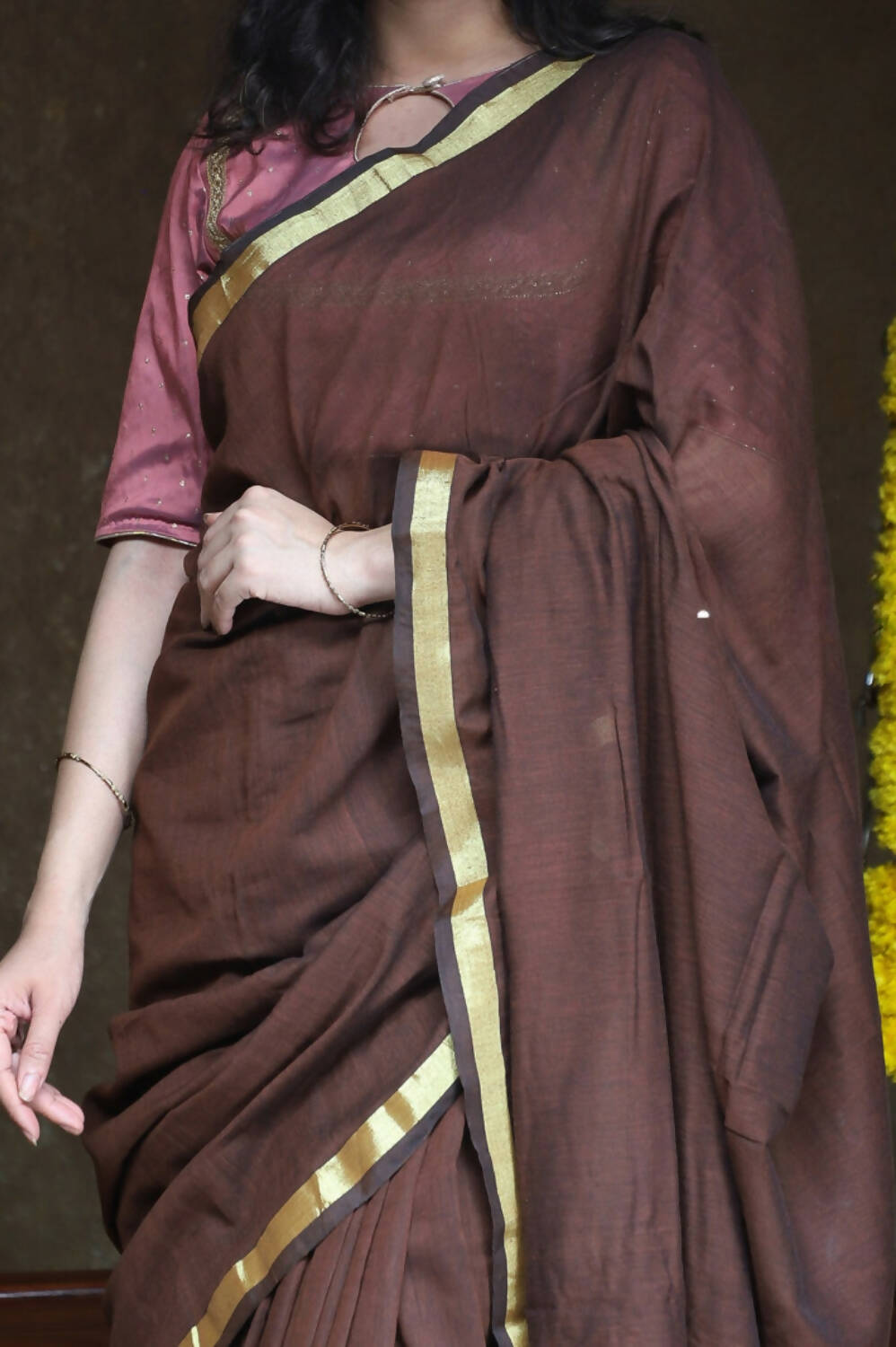 Very Much Indian Pure Cotton Handloom Saree With Intricate Borders - Brown