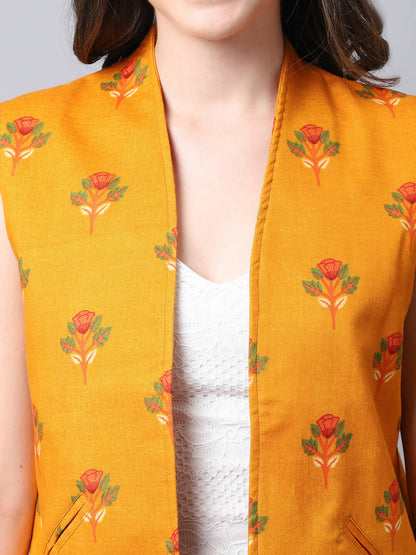Even Apparels Yellow Viscose Rayon Open Front Waistcoat