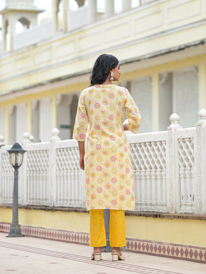 Juniper Women's Yellow Floral Printed Cotton Kurta Pant With Dupatta Set With Sequins & Thread Work