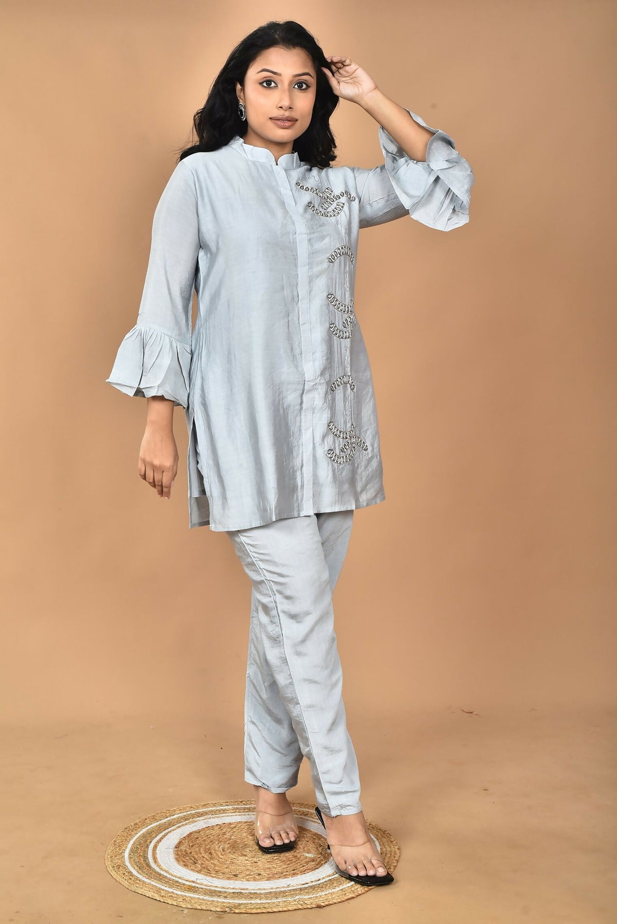 Morchari Women Hand Embroidery Co-Ords-Grey