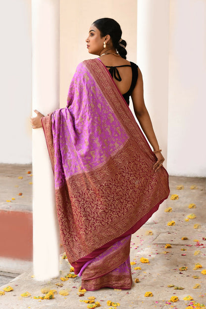 Joban Fashion Hot Pink Crepe Chiffon Pure Handloom Banarasi Silk Saree