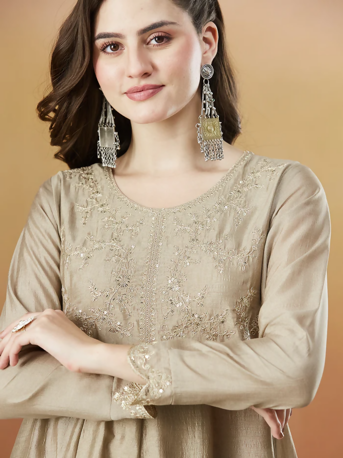 The52 Chiku Women's Beautiful Vichitra Silk Fabric Embroidered Work Flared Anarkali Pant and Dupatta Set