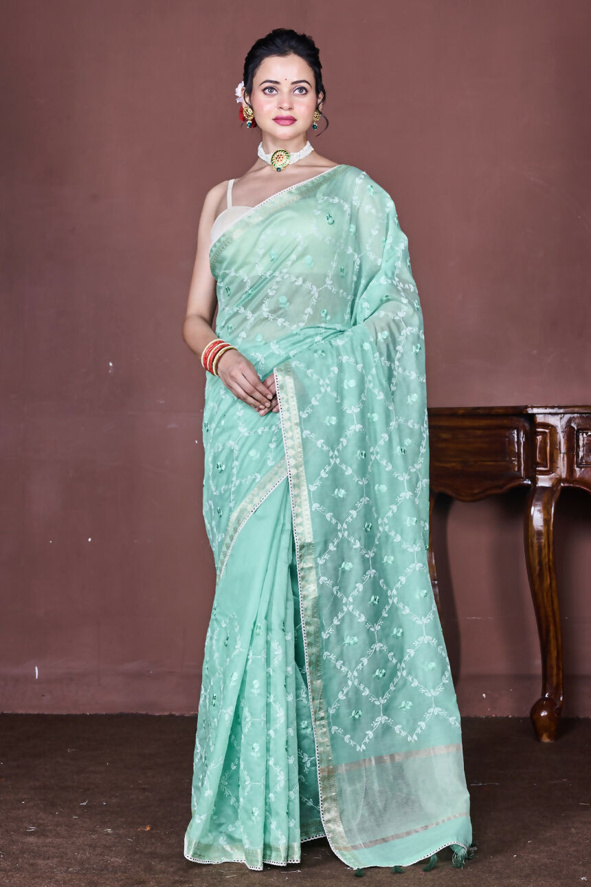 Morchari Green Cotton Chanderi Embroidery Saree Unstitched Blouse