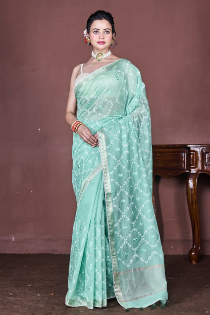 Morchari Green Cotton Chanderi Embroidery Saree Unstitched Blouse