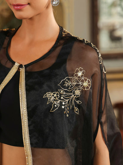 Janasya Black Georgette Solid Top Bottom Cape