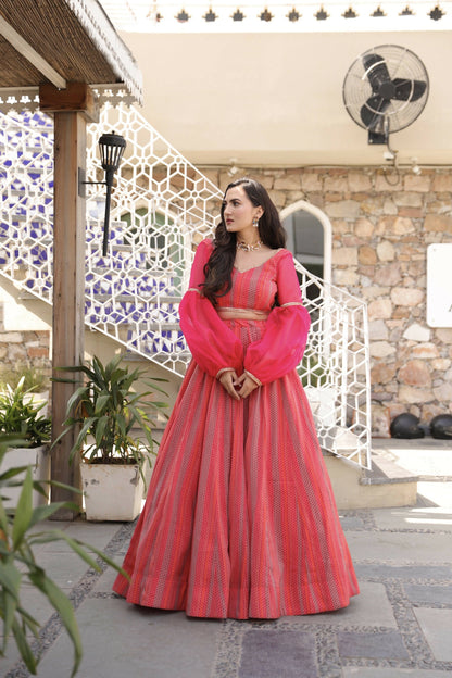 Wedding Designer Red Pink Chanderi Designer Lehenga - Anbazaar