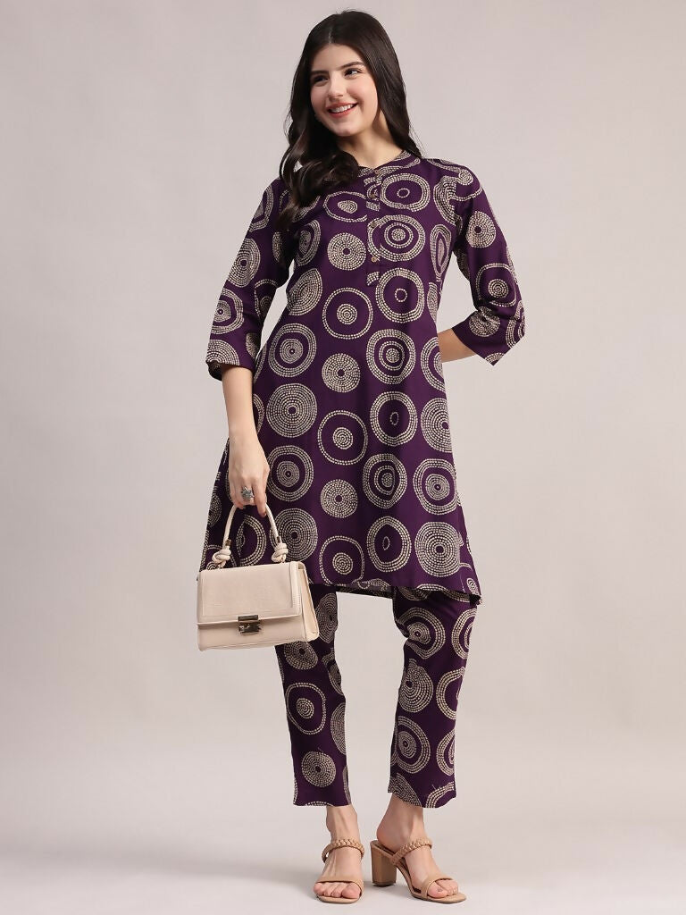 Aavyora Women's Purple Abstract Printed Pure Cotton Co-ord Set