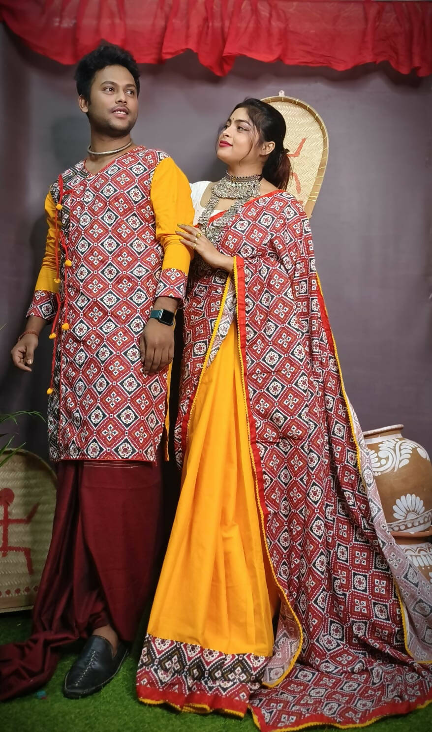 Exclusive Collection Saree With Blouse Piece For Women And Men's Kurta - Yellow