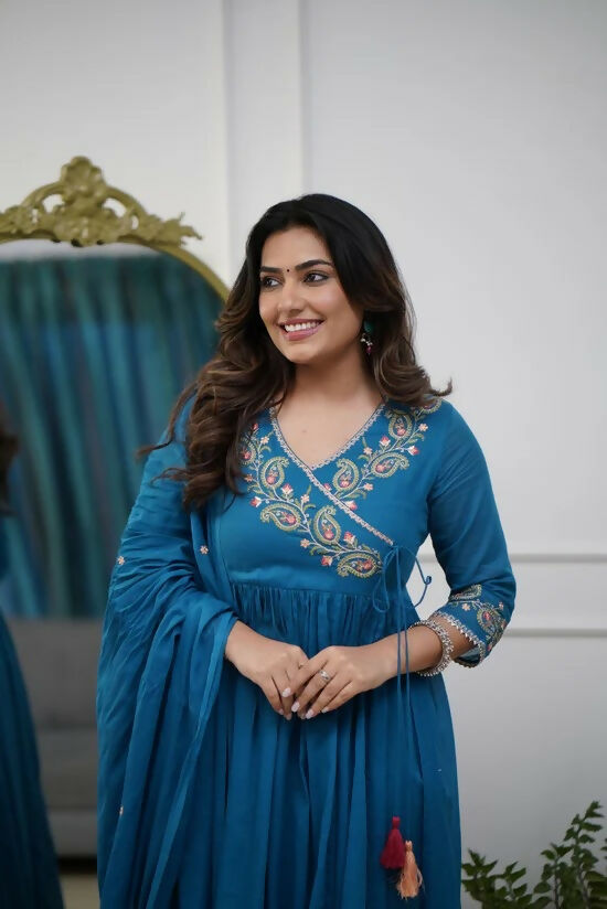 The52 Petrol Women's Beautiful Parampara Fabric Embroidered Work Flared Kurta Pant and Dupatta Set