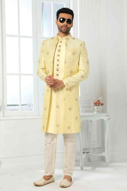 Raivat Ethnic Art Silk Embroidery Work 3 Pcs Indo Jacket Set In Yellow Colour