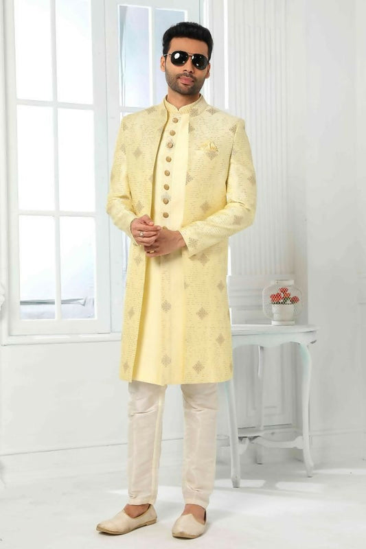 Raivat Ethnic Art Silk Embroidery Work 3 Pcs Indo Jacket Set In Yellow Colour