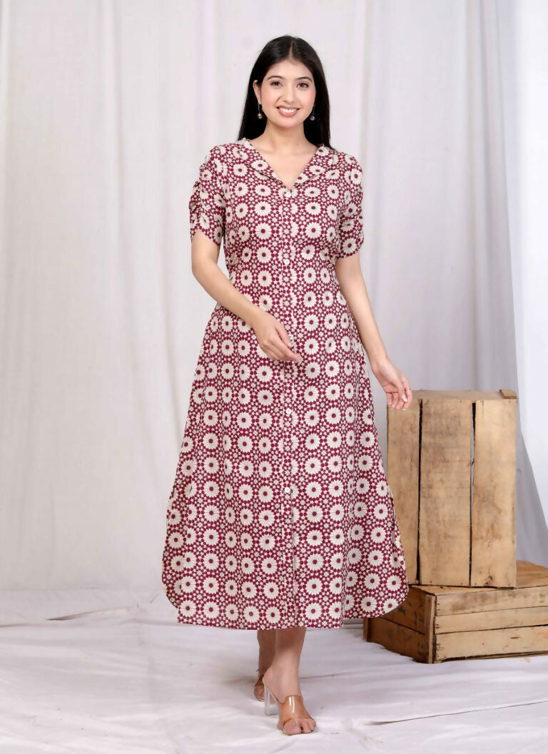 Miravan Women's Cotton Floral Printed Cream A-Line Maxi Dress with Buttons
