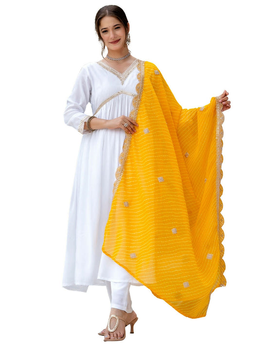 The52 White Women's Gorgeous Embroidered Chanderi Fabric Straight Kurta, Pant and Dupatta Set