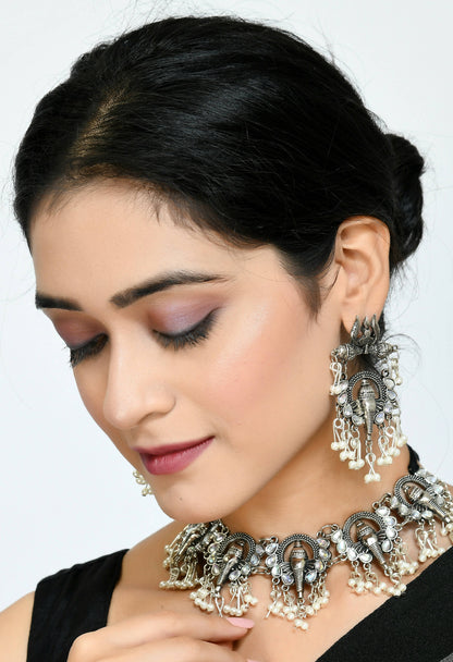 Mominos Fashion Johar Kamal Oxidised Silver-Plated Ganesha Design Necklace Choker Set
