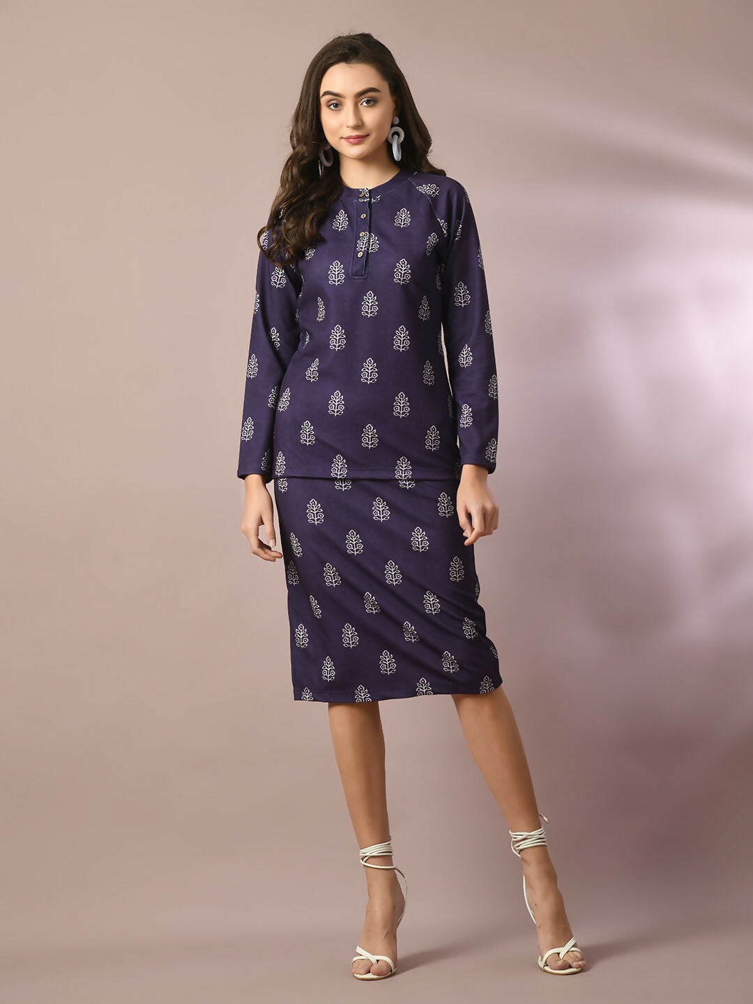 Myshka Women's Navy Blue Printed Knee Length Party Embellished Skirts