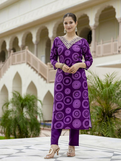 The52 Purple Women's Gorgeous Rayon Embroidered Straight Kurta with Pant And Dupatta Set
