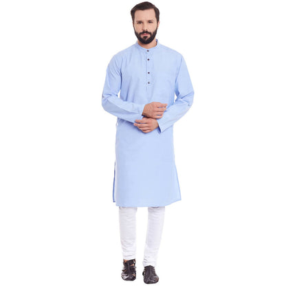 Even Apparels Blue Color Pure Cotton Men's Kurta With Band Collar