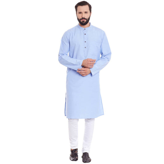 Even Apparels Blue Color Pure Cotton Men's Kurta With Band Collar