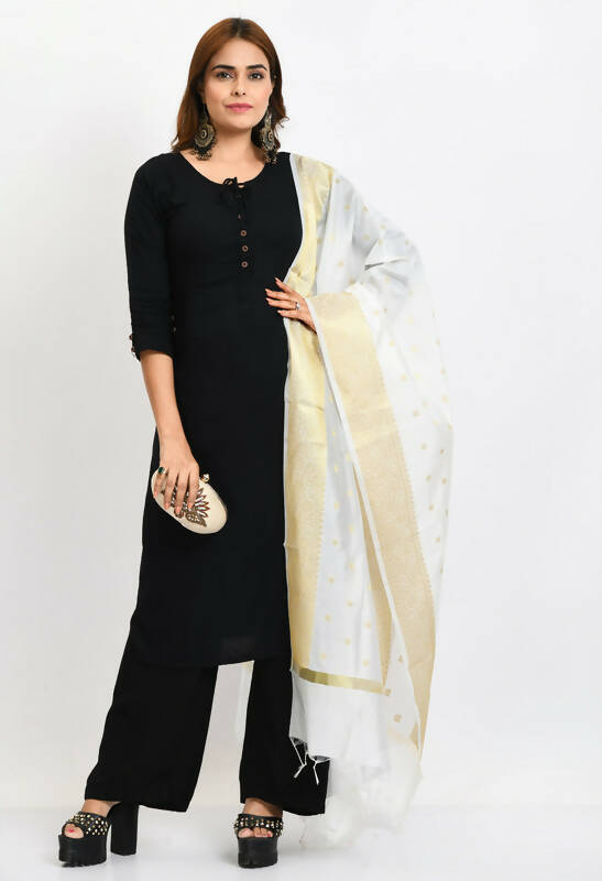 Mominos Fashion Moeza Women's Banarsi Silk Woven Design White Dupatta