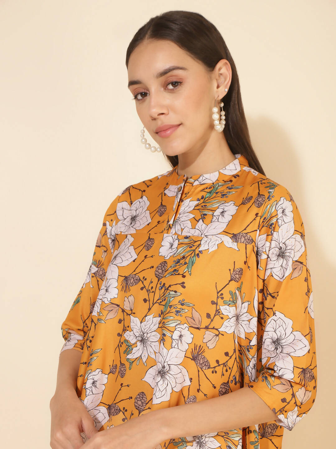 Janasya Women's Mustard Moss Digital Floral Printed Casual A-line Co-ords